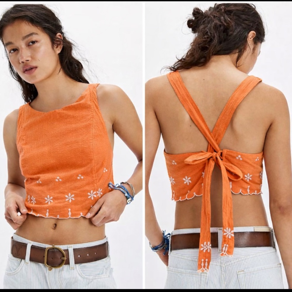 Free People orange/peach floral embroidered tie back tank top
